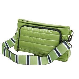 Think Royln Sage Green Front Zip Crossbody Bag Detachable Striped Strap